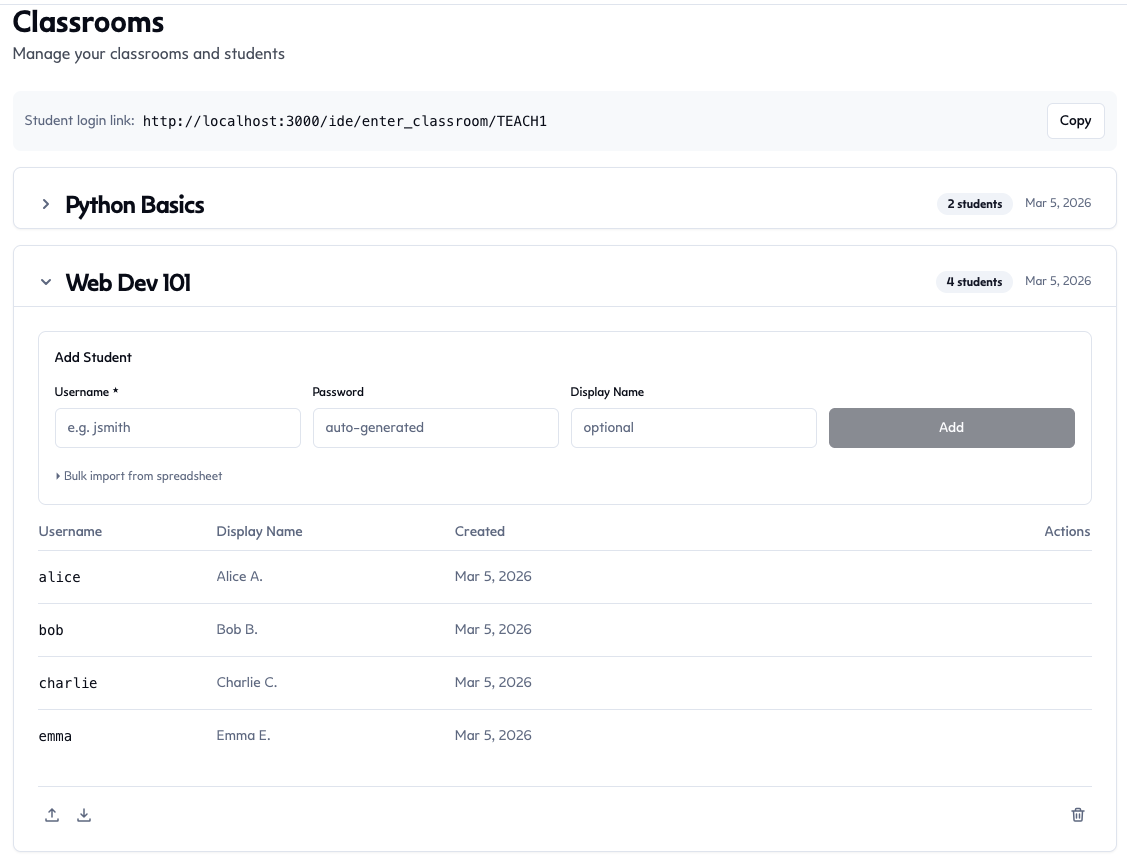 Teacher classroom management view showing student accounts created by the teacher